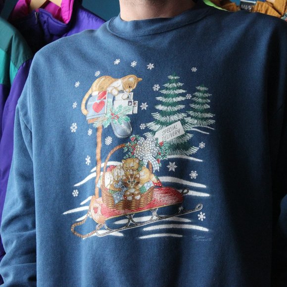 Vintage Sweaters - Vintage Kitty Cat Special Delivery Sweater